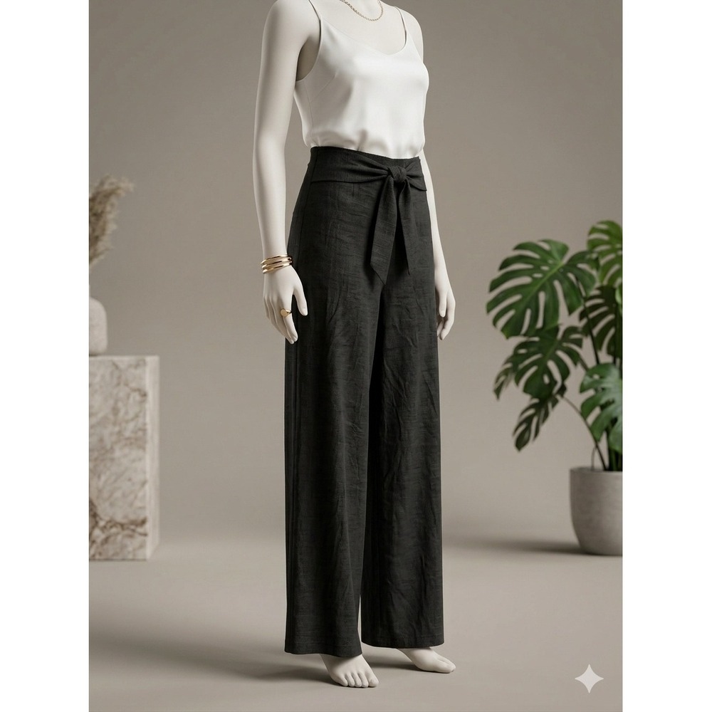 INC Wide Leg Pants Women XS Black Linen‎ Blend Tie Waist High Rise Trousers